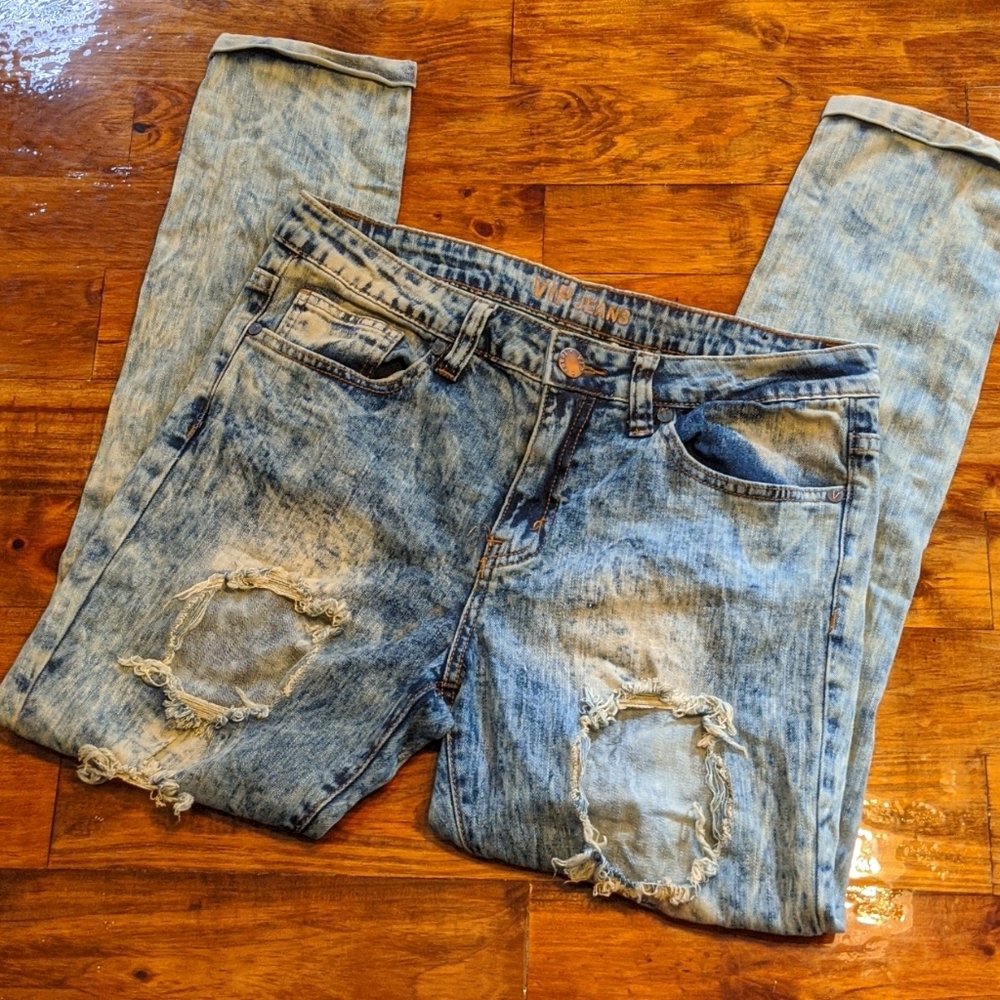 V.I.P. Distressed Acid Wash Blue Jeans, Siz